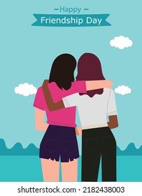 Happy friendship day. Young people group hugging together. Friendship between people. Smiling best friends flat vector