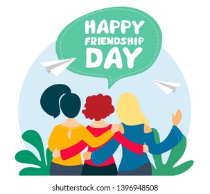Happy friendship day.Greeting card with embracing girlfriends celebrating a special day or event. Vector illustration on white background.