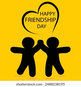 Happy friendship day.heart shape.two friends.two friends shaking hands .silhouette.yellow background .Art and Illustration .vector design .holiday .fun.two friends having fun .grading card .for friend