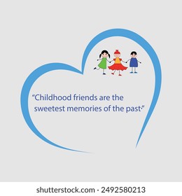 Happy friendship day.short quotes. Art and Illustration .quotes is written in the middle of a big blue heart .three friends standing holding hands .in white background .vector design .best friend.fun.