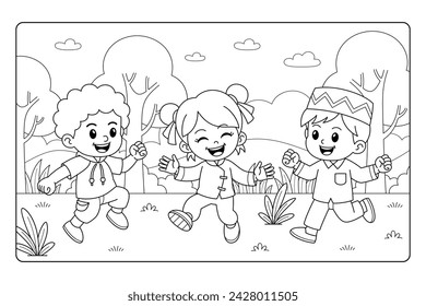 Feliz Amistad Niños Dibujos Animados para colorear Página BW