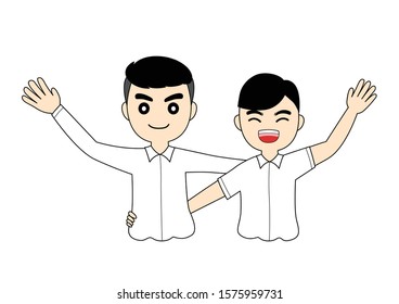 Happy friendship of man student standing together, embracing each other, Cartoon vector illustration
