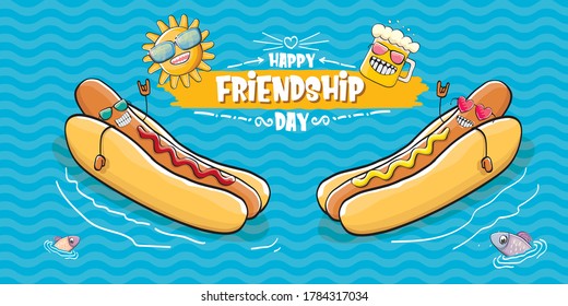 Happy friendsip day greeting horizontal banner with two cool hotdogs relaxing in swimming pool. Hello summer vector concept illustration. Funky food characters set 