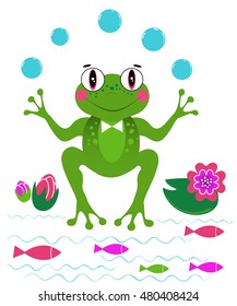 Happy frog animal in a waterlily lake. Color vector illustration.