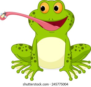 Happy frog cartoon catching fly