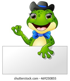 Happy frog cartoon holding blank sign