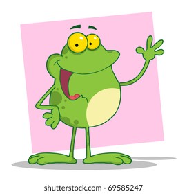 Happy Frog Cartoon Mascot Character Waving A Greeting