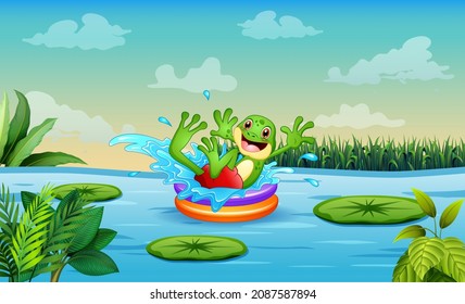Happy frog cartoon on an inflatable circle in the river