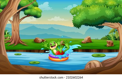 Happy frog cartoon on an inflatable circle