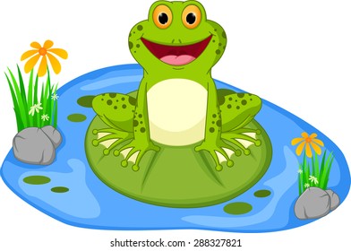 Happy frog cartoon sitting on a leaf