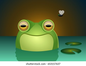 A happy frog character smiling inside of a swamp with a fly in the background. Vector illustration