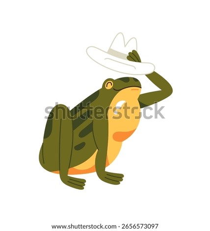 Happy frog is greeting, takes off its hat. Cute little toad welcomes, sits, says hello with gesture. Funny green amphibian is like gentleman. Flat isolated vector illustration on white background