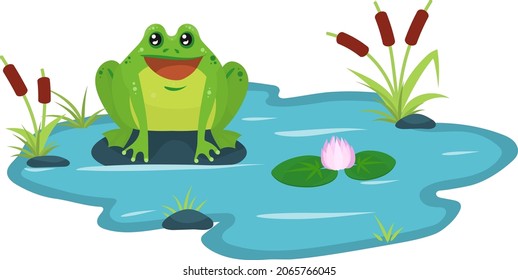 Happy frog on a stone in a pond. Flat illustration.