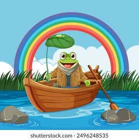 Una rana feliz que rema bajo un arco iris colorido