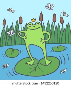 Happy frog in the rushy swamp with flies, dragonfly. Summer swamp. Princess in a pond. Vector cartoon illustration - Vector