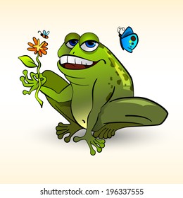 Happy frog sitting with a flower