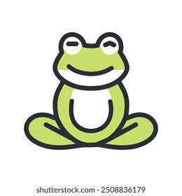 Happy frog sitting in meditation pose. A cute cartoon frog sits in a meditative pose with a peaceful smile, suggesting relaxation, tranquility, and mindfulness.