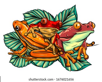 Happy Frog Sitting On A Leaf Cartoon Characters. Set Vector