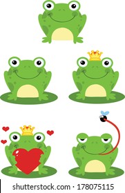 Happy Frog Sitting On A Leaf Cartoon Characters  Set Vector Collection