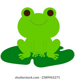 happy frog sitting on a lily pad, cute pond animal flat vector illustration