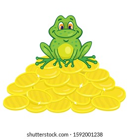 A happy frog is sitting on a mountain of gold coins. In cartoon style. Isolated on white background. Vector illustration.