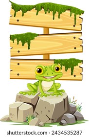 Happy frog sitting under a mossy wooden sign.