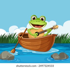 Happy frog strumming guitar on a lake