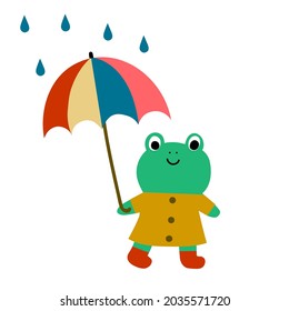 Happy frog  with umbrella under the rain in mininmalistic childish style. Cute vector illustration for card, nursary, kids' apparel.