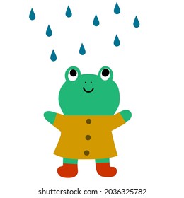 Happy frog under the rain drops in mininmalistic childish style. Cute vector illustration for card, nursary, kids' apparel.