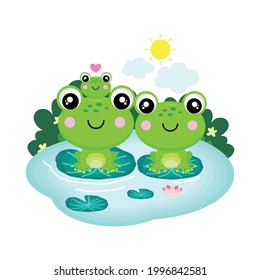 Happy Frog's Family sitting on a leaf in a pond .