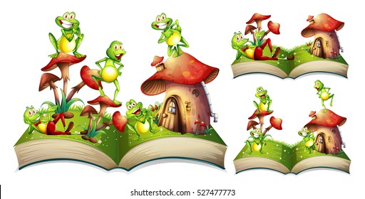 Happy frogs on storybook illustration