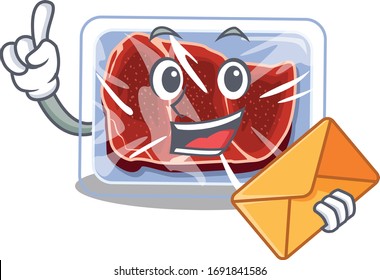 Happy frozen beef mascot design concept with brown envelope