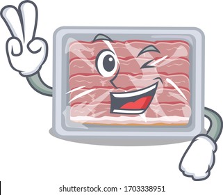 Happy frozen smoked bacon cartoon design concept with two fingers