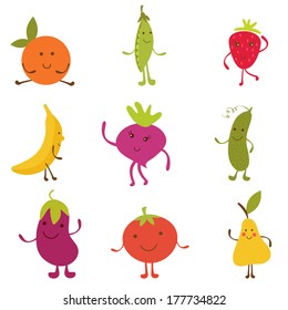 Happy fruit and vegetables characters collection