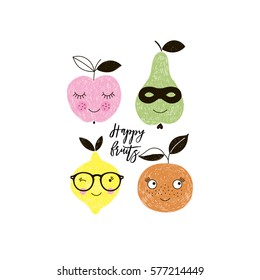 Happy Fruits, Apple, Pear, Lemon, Orange, Doodle Illustration For Kids