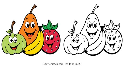 Happy Fruits Cartoon Smile Coloring Pages For Kids. Easy Fruits Cartoon Character Coloring Book Printable. Fruits Cartoon Vector Illustration