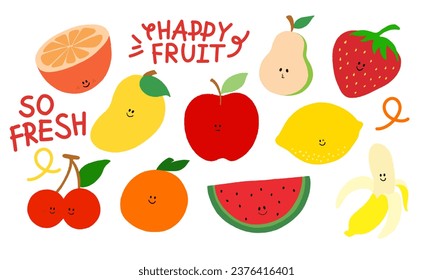 Frutos felices dibujando en crayón incluyendo mango, banana, naranja, limón, cereza, fresa, manzana, pera y sandía para compras de comestibles, vegetariana, ingredientes, jugo de verano, bocadillo, personaje de caricatura