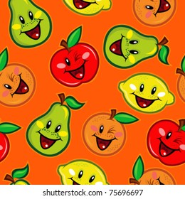 Happy Fruits Seamless Pattern on Orange Background