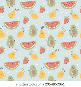 Happy fruits, seamless pattern with vector hand drawn illustrations