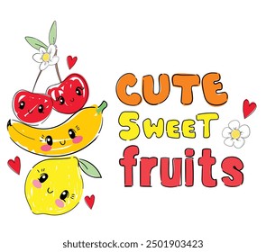 Happy fruits summer prints for kids. Cute fruits characters Creative poster, design print Vector illustration.