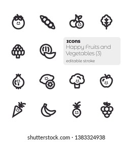 Happy Fruits and Vegetables (3), editable stroke icons