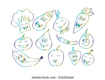 Happy fruits and vegetables. Cartoon style.