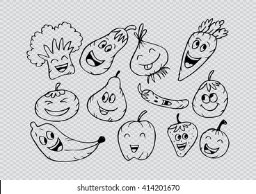 Happy fruits and vegetables. Cartoon style.