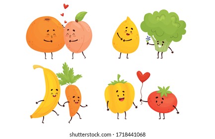 Happy Fruits and Vegetables Holding Hands and Kissing Vector Set