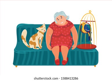 A happy, full, elderly lady sits on a soft striped sofa next to a cat and a cage with a parrot. The woman tightened her legs. Isolated image on a white background. Vector graphics, flat, cartoon.