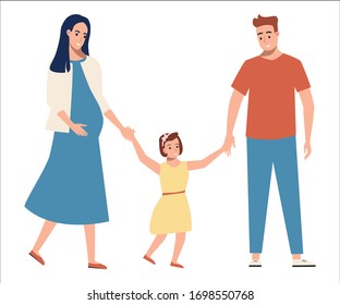 Happy full family with child, expecting a baby. Happy parents  with daughter. Characters isolated on white background. Stock vector illustration in flat style.