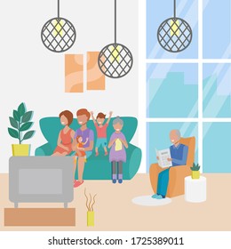 Happy full family watches TV at home. Grandmother knits, grandfather reads a newspaper,mom and dad are watching TV. Son jumps on the couch, daughter sits on dad’s lap. Vector illustration