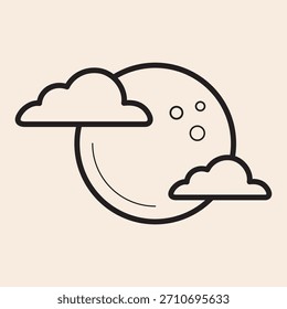 Icono de contorno de luna llena feliz con nubes y cráteres lunares.