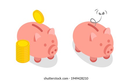 Happy full and sad empty isometric piggy bank. Vector illustration isolated on white background.