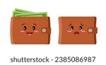 Happy full wallet and unhappy empty wallet cartoon character in flat design on white background.
